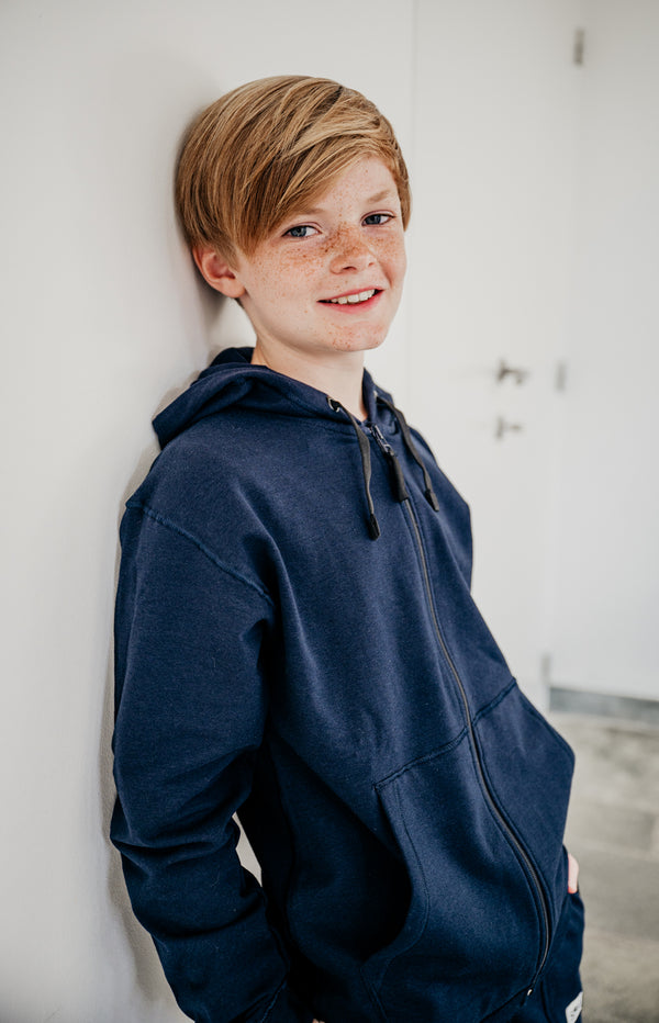 Blusss sensory friendly zipped fidget hoodie. Comfortable, stylish with fidget options. For ultimate calm and style.
