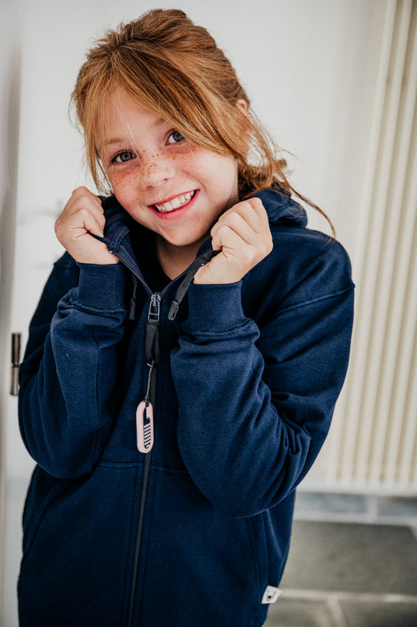 Blusss sensory friendly zipped fidget hoodie. Comfortable, stylish with fidget options. For ultimate calm and style.