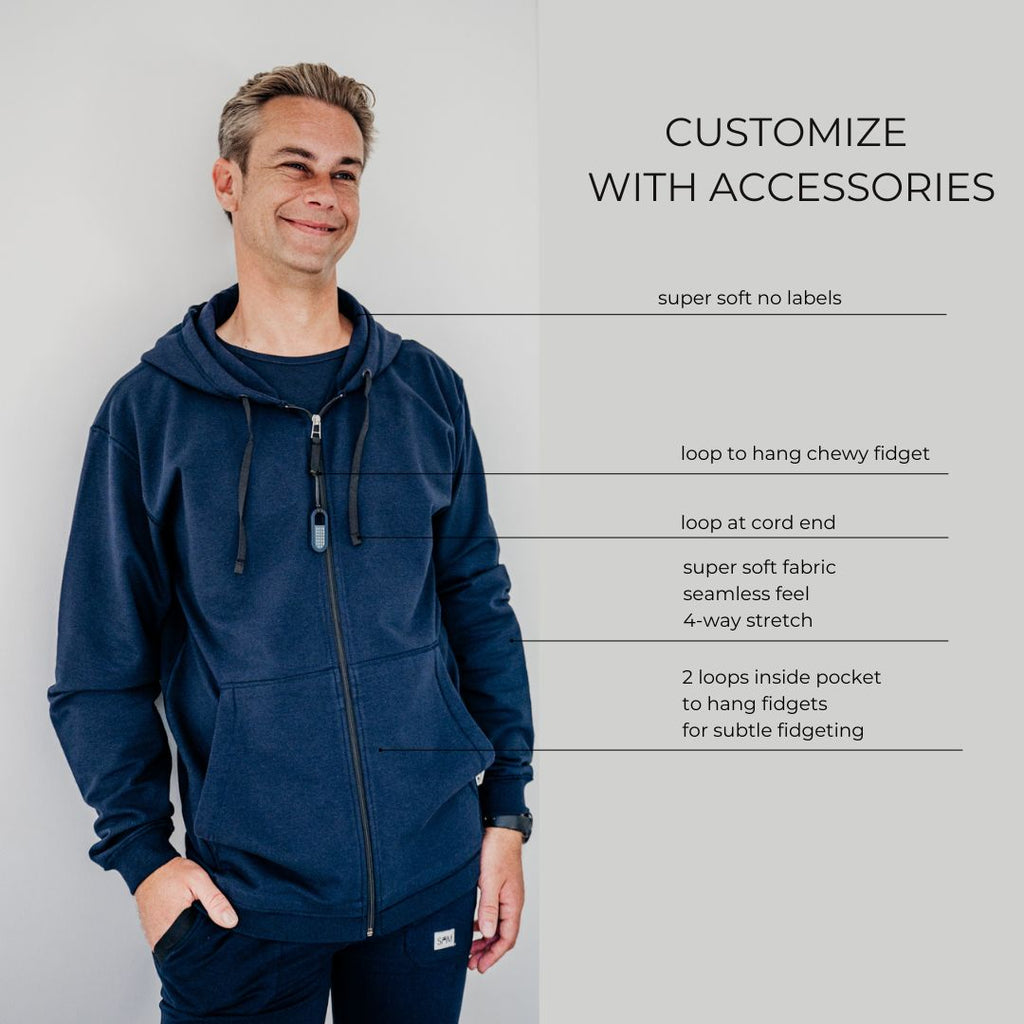 Soft fleece hoodie dark blue, designed for sensory comfort and stress reduction. This sensory-friendly hoodie features customizable fidget options, including discreet fidget pockets making it ideal for sensory sensitive individuals and people with autism, ADHD, stress seeking to manage sensory overload.