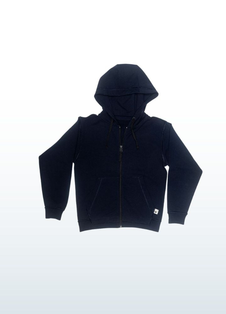 Soft fleece hoodie dark blue, designed for sensory comfort and stress reduction. This sensory-friendly hoodie features customizable fidget options, including discreet fidget pockets making it ideal for sensory sensitive individuals and people with autism, ADHD, stress seeking to manage sensory overload.