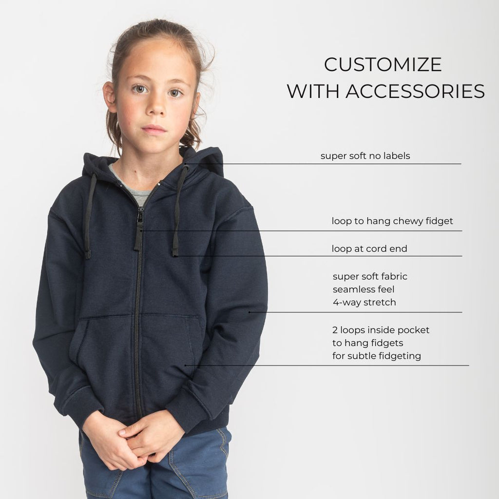 Blusss sensory friendly zipped fidget hoodie. Comfortable, stylish with fidget options. For ultimate calm and style.
