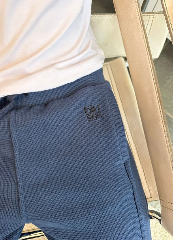 Sensory friendly trousers for men and women - blue -soft waffle fabric- seamless feel- Blusss - skin friendly