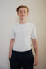 White sensory-friendly T-shirt with a seamless design, perfect for ultimate comfort and reduced irritation for sensory sensitive children and teens of kids with sensitive skin.