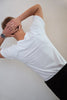 Sensory friendly seamless soft white T-shirt without labels or tags for sensory sensitive adults or people with sensitive skin.