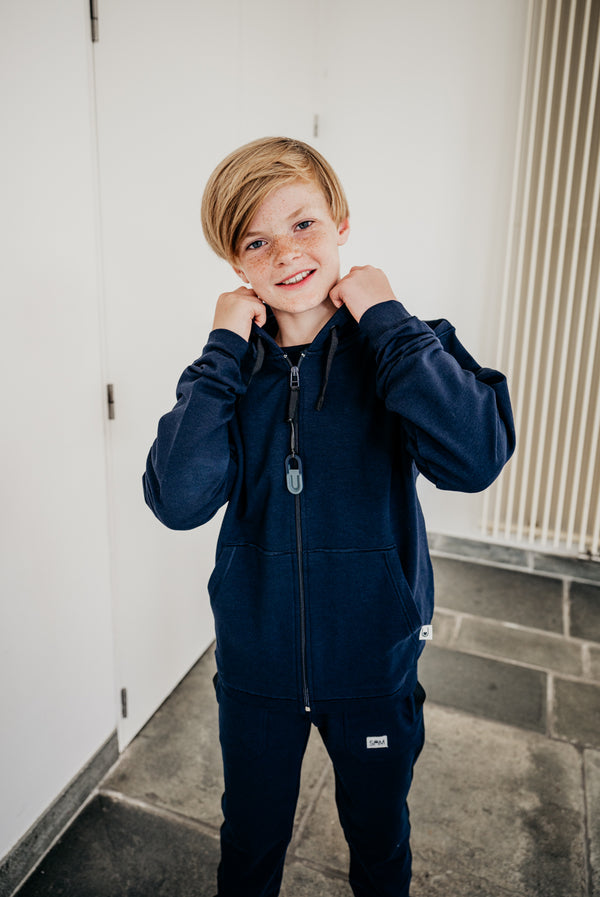 Blusss sensory friendly zipped fidget hoodie. Comfortable, stylish with fidget options. For ultimate calm and style.