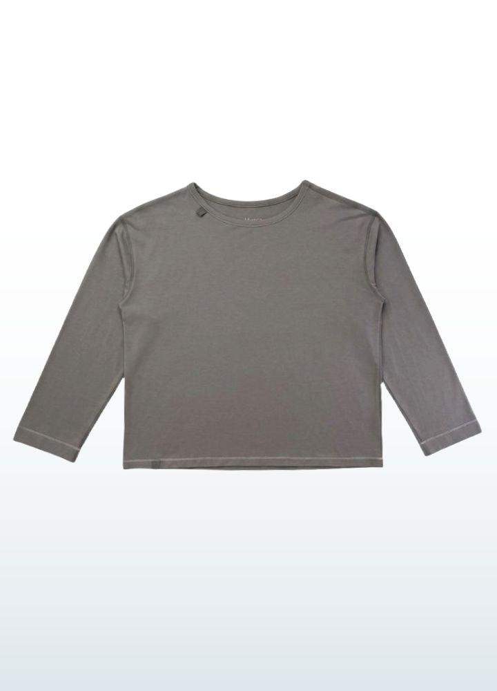 Sensory friendly longsleeve for adults in stone grey, wider cut that hangs away from the body