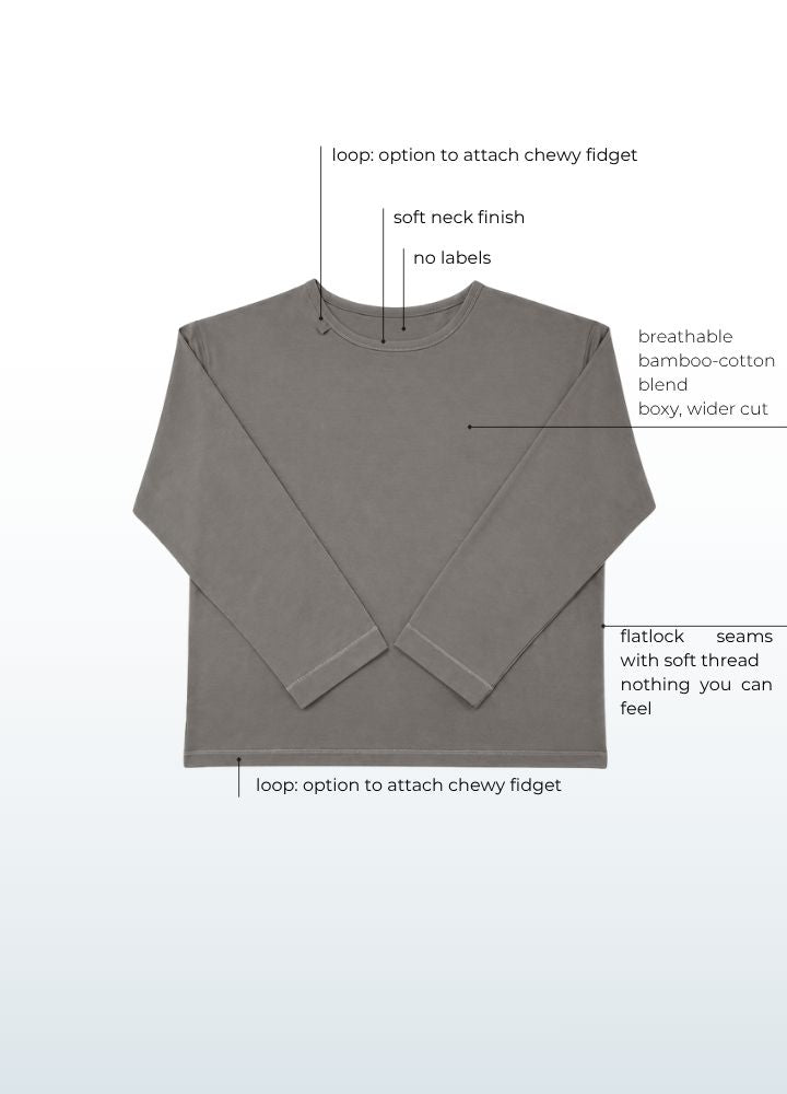Sensory friendly longsleeve for adults in stone grey, wider cut that hangs away from the body