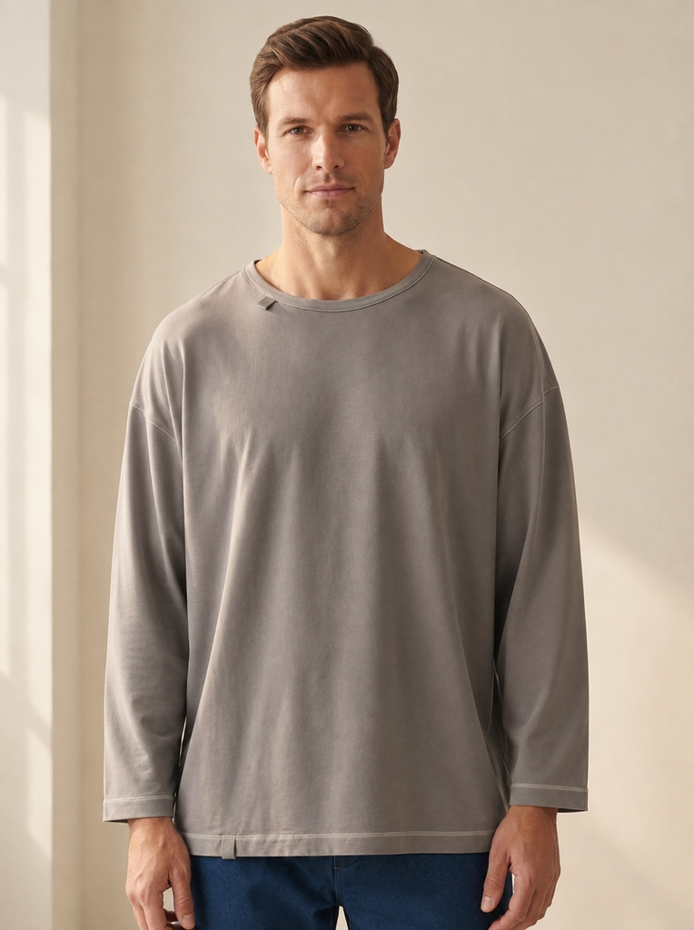 Stone grey boxy sensory longsleeve for men and women in label-free bamboo-cotton, front view