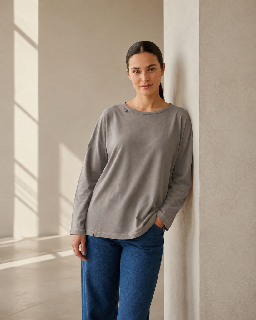 Loose-fit sensory friendly longsleeve in stone grey, boxy cut shown from a second angle