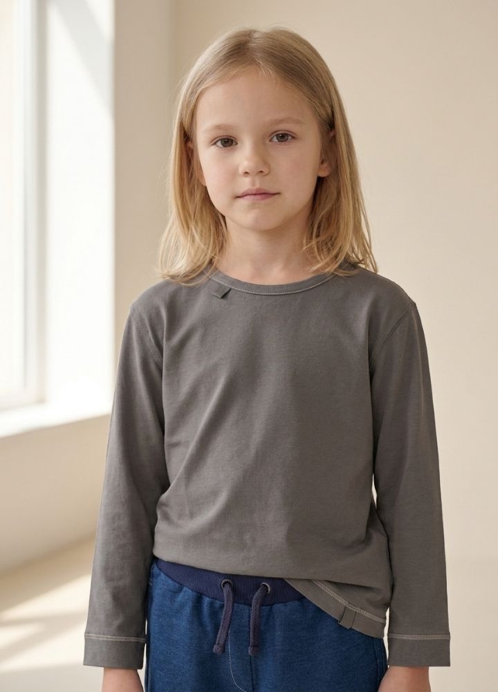 Loose-fit longsleeve for children with sensitive skin, breathable bamboo cotton in stone grey