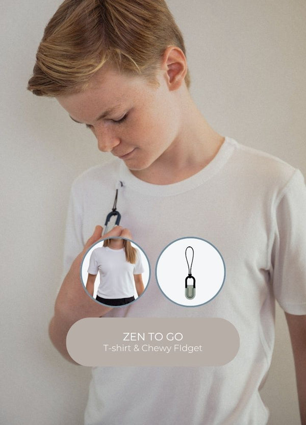 Sensory friendly white T-shirt wiht chewy fdiget for boys and girls - Blusss