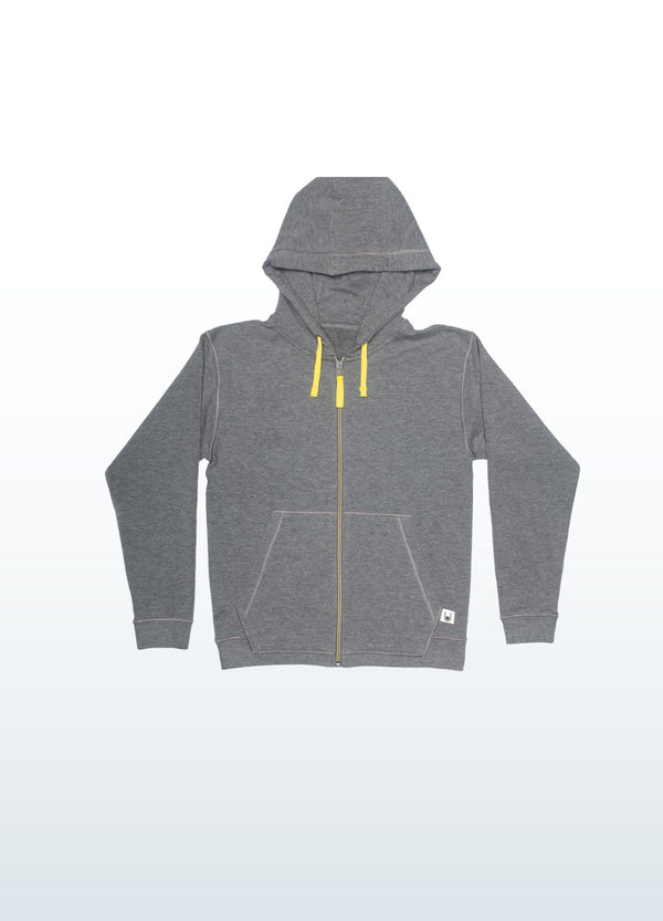Grey sensory-friendly hoodie designed for kids with sensory sensitivity, including those with autism, ADHD, or sensitive skin. This soft hoodie is customizable with various fidget options for sensory relief and stress reduction. The design is smooth and comfortable, aiming to provide a soothing experience for children who benefit from sensory input.